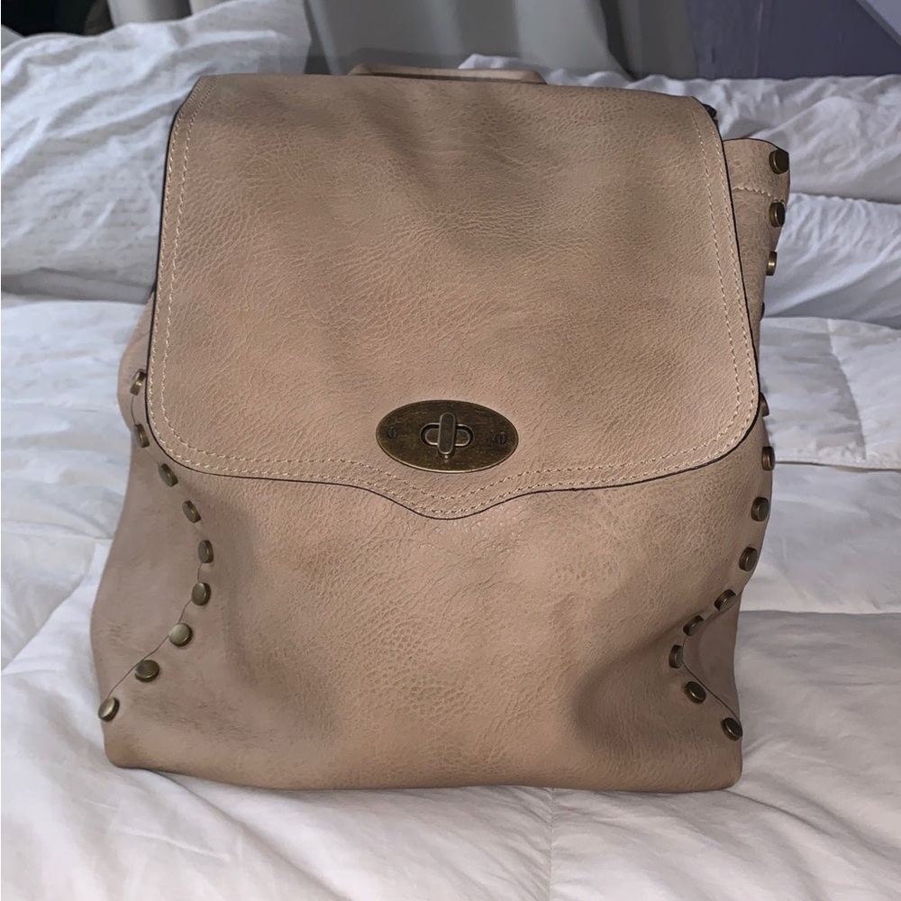 JEN & CO Taupe Leather Flap Backpack with Turn Lock Closure w/Brass Stud Accents